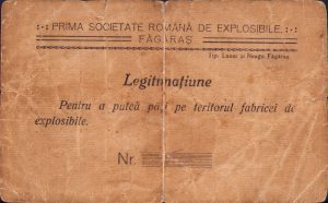 Legitimațiune pentru a putea păși pe teritoriul fabricei de explosibile, Prima Societate Română de Explosibile Făgăraș, 1924