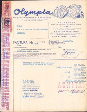 Factură Olimpia mașini de birou SA București, 1942