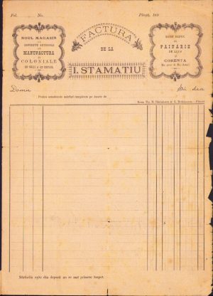 Factura de la I Stamatiu Pitești, anii 1890, Noul magasin cu diferite articole de manufactură și coloniale en gros și en detail, mare depou de făinărie de lucs și corenta en gros și en detail