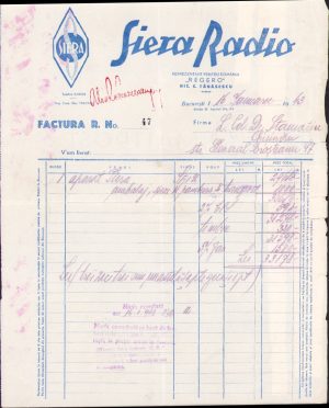 Factura Sierra Radio reprezentant pentru România REGERO Nic C Tănăsescu, București, 1943