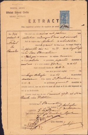 Extract Oficiul Stărei Civile al urbei Pitești, 1923