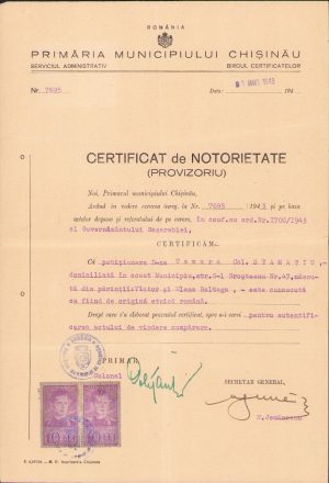 Certificat de notorietate provizoriu (certificat de origine etnică română), 1943, Primăria municipiului Chișinău, Basarabia