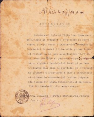Autorizație de percheziție eliberată de Garnizoana Pitești, 1919, pentru percheziția domiciliilor a doi comercianți din oraș
