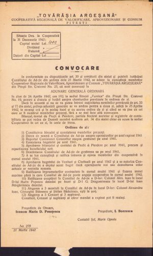 Tovărășia Argeșană, convocare 1941, Pitești