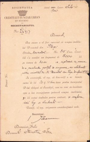 Societatea Creditului Funciar Urban din Bucuresci, 1900, aprobare împrumut pentru cumpărare imobil în Pitești