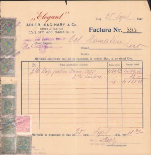 Elegant Adler Isac Hary et Co, Stofe și textile, Cluj, factură, 1947