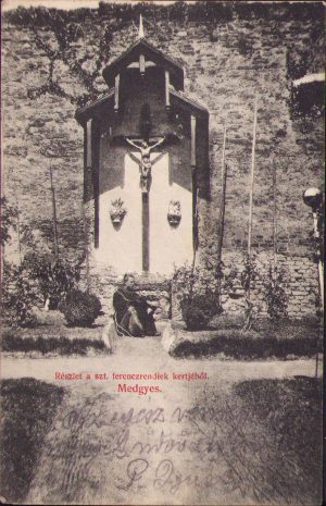Vedere parțială din grădina Ordinului Franciscanilor, Mediaș/Részlet a szt ferenczrendiek kertjéből, Megyes, carte poștală