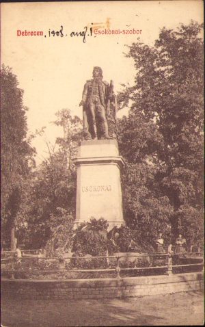 Debrecen Csokonai szobor, carte poștală, circulată Gherla