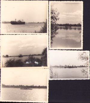 Military and cargo ships on river in France, 1945, batch of 5 photos