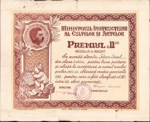 Diplomă Medalia de argint școlară, premiul a II-lea, Oradea, 1932