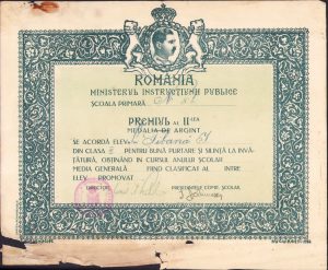 Diplomă Medalia de argint școlară, premiul a II-lea, anii 1930