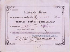 Bilet de intrare la Adunarea Generală din 25 martie 1874 a Institutului de Credit și de Economii Albina din Sibiu pe numele lui Iuliu Bardoși, semnat de Visarion Roman, manu propria, cu notă manu propria de Nicolae Petra-Petrescu referitor la acțiunile deținute la Institut de mitropolitul român greco-catolic Ioan Vancea