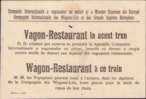 Reclamă la vagon-restaurant, cu listă de prețuri ale restaurantului, perioada interbelică
