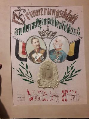 Erinnerungsblatt an den mitgemachten Feldzug im Weltkrieg 1914 care a aparținut soldatului austro-ungar de origine șvăbească Eisele Joseph din Zădăreni, azi în județul Arad, din Regimentul 33 Infanterie austro-ungară Kaiser Leopold II Arad