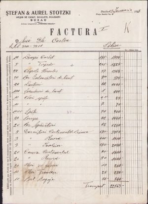 Factură a magazinului de mașini de cusut, biciclete și accesori (sic!) Ștefan & Aurel Stotzki din Buzău pentru piese de bicicletă, 1928