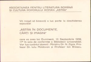 Invitație ASTRA la deschiderea expoziției "ASTRA în documente, cărți și imagini" din 10 septembrie 1939 de la Biblioteca Universității