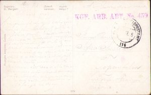 Carte poștală expediată în anul 1916 de pe frontul din Galiția de sergentul major austro-ungar de origine română Augustin Justian soției sale la Câmpeni, județul Alba, ștampilă KGF ARB ABT No 459 (Kriegsgefangene Arbeit Abteilung No 459), Feldpostamt 11(6?)