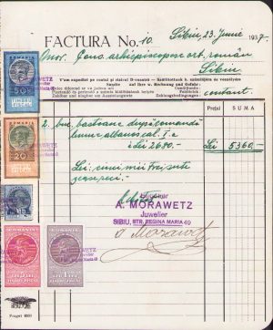 Factură bijutier A Morawetz, Sibiu, 1937 pentru două bastoane din lemn de abanos făcute la comandă pentru Arhiepiscopia ortodoxă română Sibiu