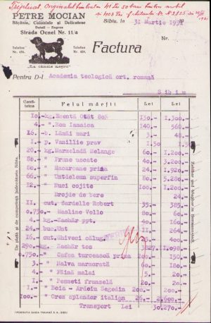 Factură Băcănie, coloniale și delicatese Petre Mocian, Sibiu, 1931
