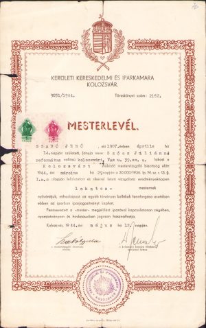 Mesterlevél, brevet de meșter lăcătuș, Cluj, 1944