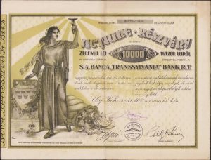 Acțiune de 10.000 lei, Banca Transsylvania, Cluj, 1928