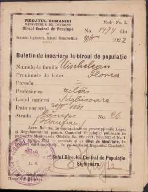 Buletin de înscriere la biroul de populație, 1922, Sighișoara