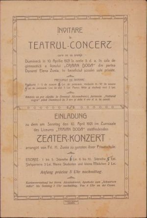 Invitație la piesă de teatru la Liceul Traian Doda din Caransebeș, 1921