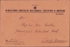 Delegarea sculptorului Ion Sârghie în funcția de director al gimnaziului industrial de băieți din Câmpulung Moldovenesc, 1941, actul oficial împreună cu plicul cu care a fost trimis