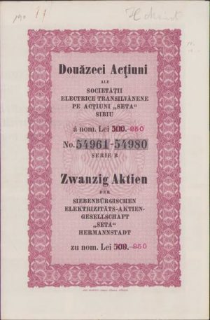 Douăzeci acțiuni ale Societății Electrice Transilvănene pe acțiuni Seta, Sibiu, a câte 500 lei, 1930