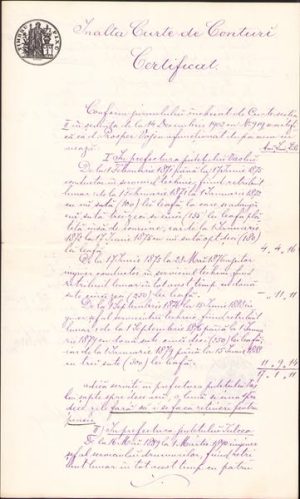 Semnătura lui George Lahovary, manu propria, pe acest certificat emis în anul 1902 de Înalta Curte de Conturi din București