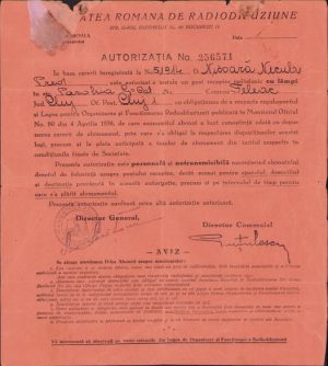 Autorizația de instalare a radioului cu lămpi al parohiei greco-catolice din Feleac, județul Cluj, anii 1930