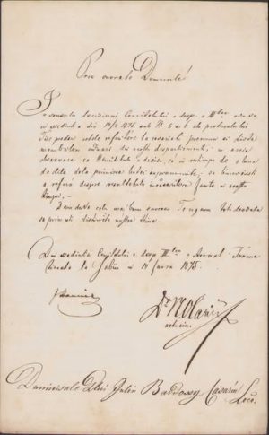 Numirea casierului despărțământului III Sibiu al ASTRA, Iuliu Bardoși, semnat manu propria de protopop Ioan Hania și dr Nicolau Olariu, 1875