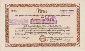 Acțiune 5000 lei Gewerbe- und Handelsbank Sibiu, 1921