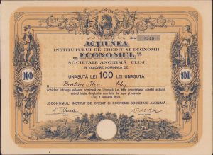 Acțiune a Institutului de Credit și Economii Economul din Cluj, 1924