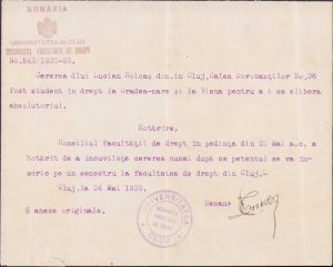 Semnătura, manu propria, lui Victor Onișor, 1923, Cluj, pe această cerere a militantului pentru drepturi naționale ale românilor, Lucian Bolcaș