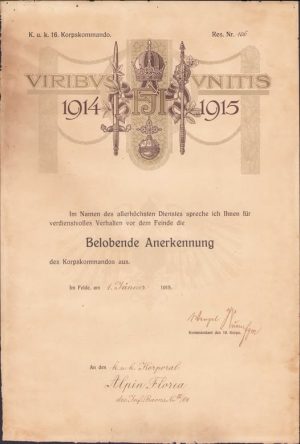 Citare în mod excepțional pe corp de armată pentru comportament deosebit în fața inamicului, 1915, acordată caporalului de origine română Alpin Florea din Regimentul 64 Infanterie austro-ungară din Orăștie