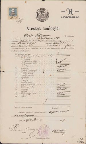 Atestat teologic, 1909, pentru un elev român (va deveni preot ulterior, iar în timpul Marelui Război va servi ca preot ortodox la un spital militar austro-ungar de la Banska Bistrica), semnat manu propria de Roman Ciorogariu și Teodor Botiș