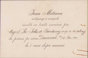 Invitație la prânz din partea mitropolitului român ortodox Ioan Mețianu, 1900