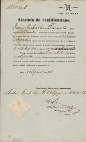 Atestatu de cualificatiune pentru preotul ortodox Ioan Mihail din Dăișoara, județul Brașov, 1876