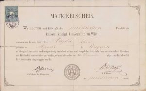 Matricola studențească a lui Ioan Vaida-Voevod, fratele lui Alexandru Vaida-Voevod, eliberată de Universitatea din Viena, 1891