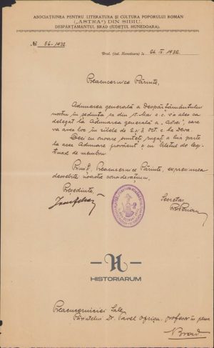 Numirea lui Pavel Oprișa, fost profesor al liceului românesc din Brad, ca delegat la Adunarea Generală ASTRA de la Deva, 1932