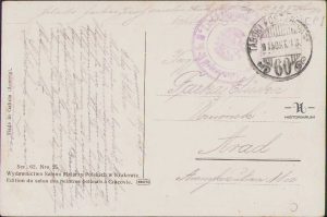Carte poștală expediată de pe front, Tábori Posta 60, 1915, Regimentul 33 Infanterie Kaiser Leopold II din Arad, stegarul Farkas József scrie unei femei din oraș