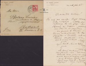 Scrisoare și plic scrise manu propria de Gavril Cosma către Lucian Bolcaș, ambii militanți pentru drepturile naționale ale românilor din Transilvania, datată 25 ianuarie 1906, privitoare la cheltuielile generate de adunările poporale de la Beiuș și Vașcău ținute în luna noiembrie 1905