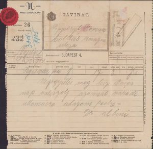 Telegramă din 30 octombrie 1905 dată de Septimiu Albini la Sighișoara către Lucian Bolcaș, la Budapesta
