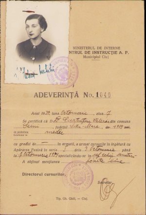 Adeverință pentru urmarea cursurilor de Apărare Pasivă pentru o doctoriță, Cluj, 1939