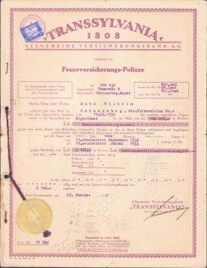 Poliță a firmei de asigurări Transsylvania, 1932