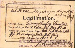 Legitimație pentru Medalia pentru vitejie din argint (Silberne Tapferkeitsmedaille), clasa a II-a, austro-ungară, 1918, pentru un artilerist de la aruncătoarele de mine din Regimentul 12 Artilerie Grea chezaro-crăiască
