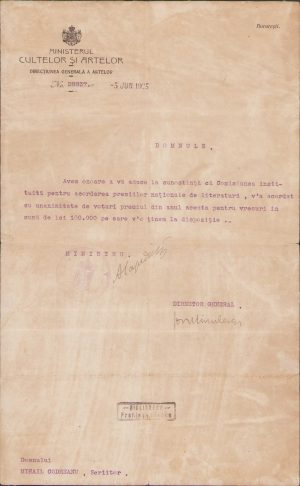 Premiu în valoare de 100.000 lei la categoria "premii naționale de literatură" acordat în anul 1925 părintelui sonetului românesc, membru corespondent al Academiei Române, Mihail Codreanu (n. 1876, Iași - d. 1957, Iași), comunicare semnată olograf de ministrul Cultelor și Artelor, Alexandru Lapedatu și de directorul general, Ion Minulescu, cu ex-libris profesor Ioan Iliescu, Timișoara