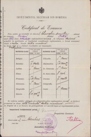 Două certificate de examen pentru un elev din Focșani pregătit în particular, anii 1903 și 1904