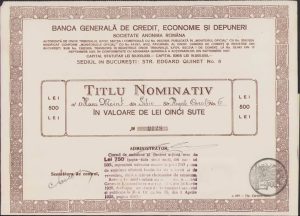 Titlu nominativ în valoare de 500 lei, Banca Generală de Credit, Economie și Depuneri, București, circa 1928-1929